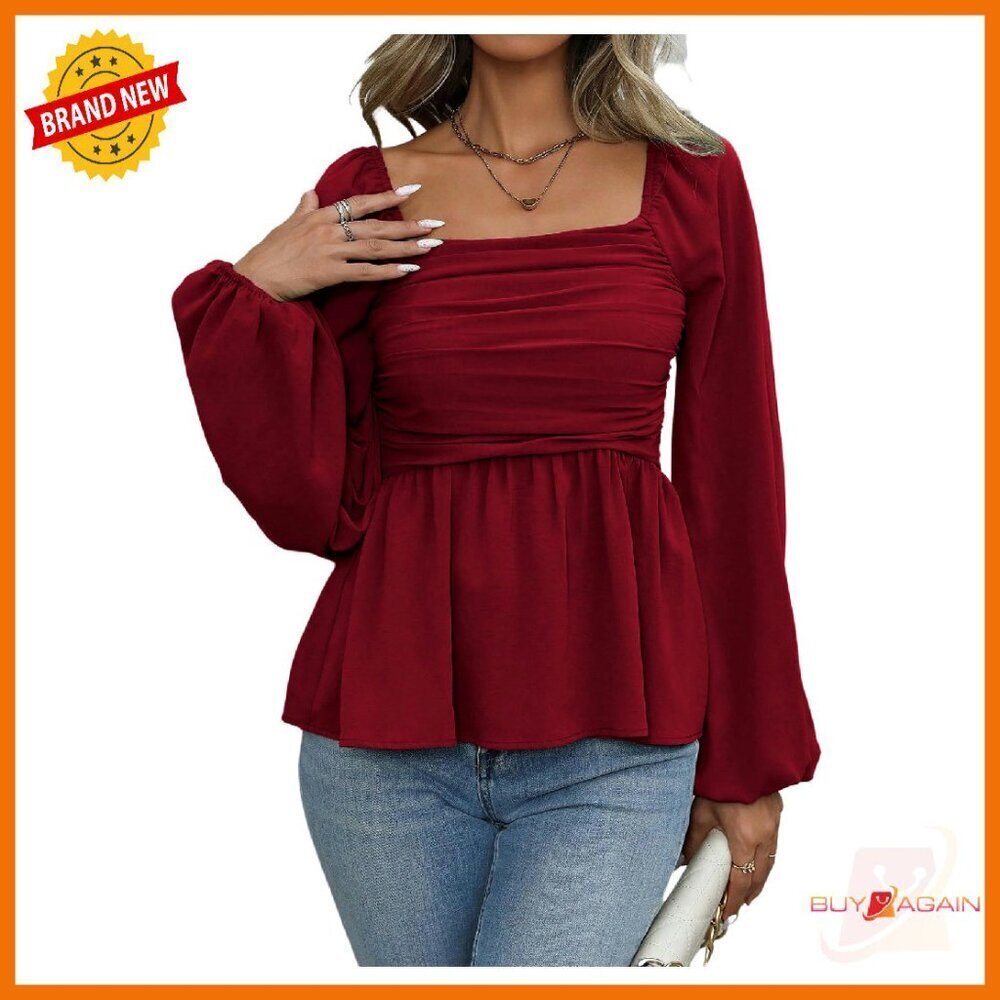 Long Sleeve Ruched Square Neck Peplum Blouse Top - Soft Non Stretch Fabric